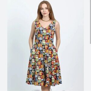 Modcloth Eva Rose Fit And Flare Vintage style Rockabilly Dress books print large
